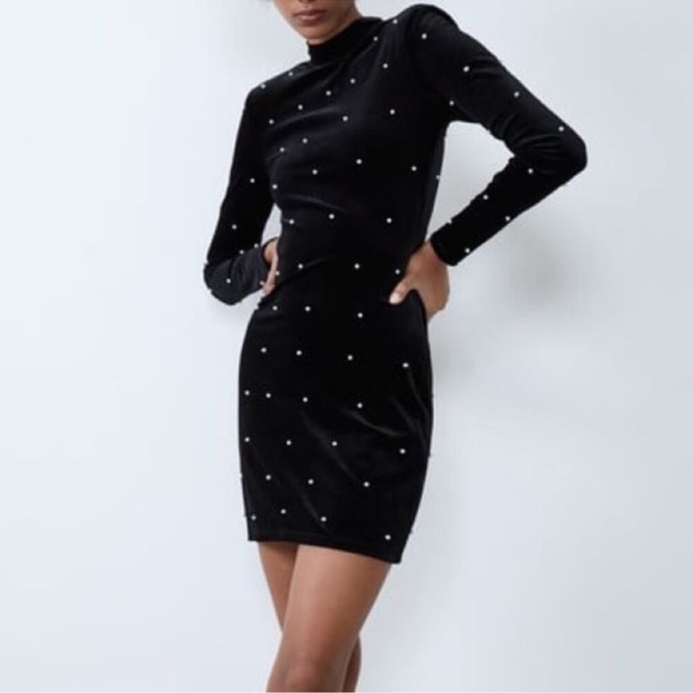 Zara Velvet Mini Dress with Pearl Accents